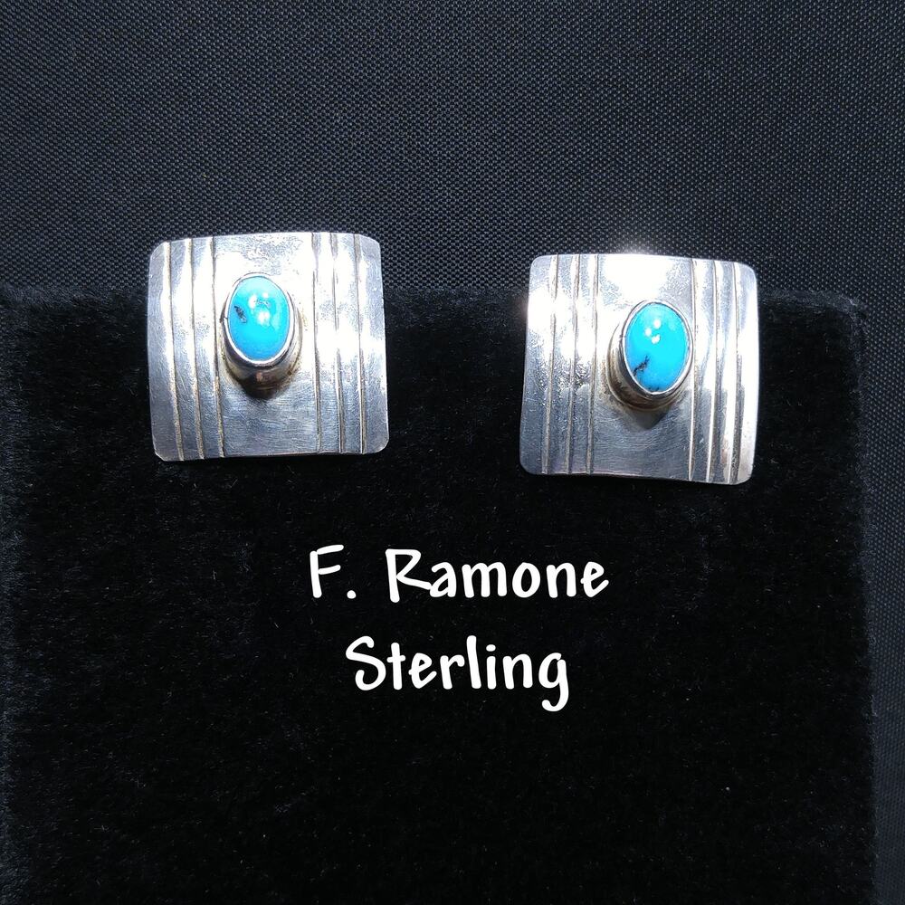 Navajo Frank Ramone Sterling Turquoise Earrings, Small Clip On Earrings, Vintage
